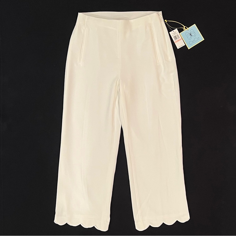 CeCe Antique Off White Scallop Hem Crop Crepe Pants Womens 2 NEW